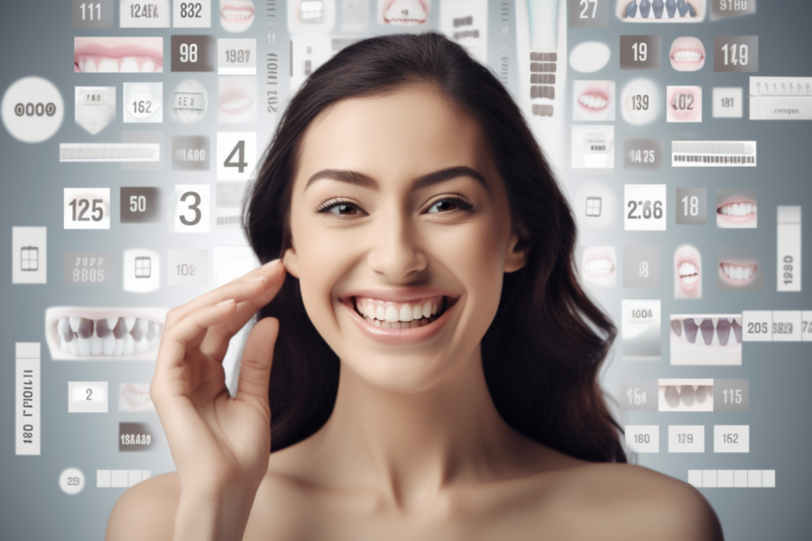 Woman smiling with numbers and dental cosmetic procedures around her