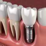 Illustration of 3 normal teeth and one dental implant