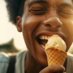 man trying to eat ice cream but have sensetive teeth so it hurts