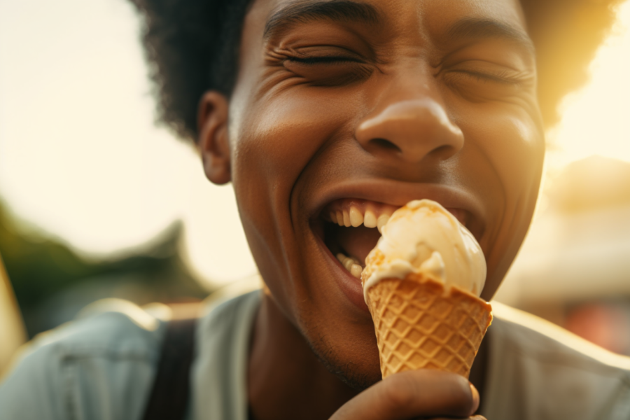 man trying to eat ice cream but have sensetive teeth so it hurts